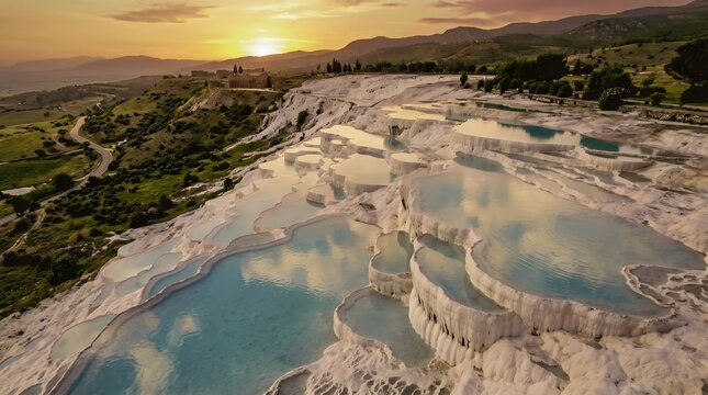 Pamukkale &ndash; Natural travertine pools at sunset, Turkey