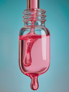 Glass dropper bottle filled with pink serum on blue background. Minimal cosmetic product render with glossy liquid texture and modern skincare concept.