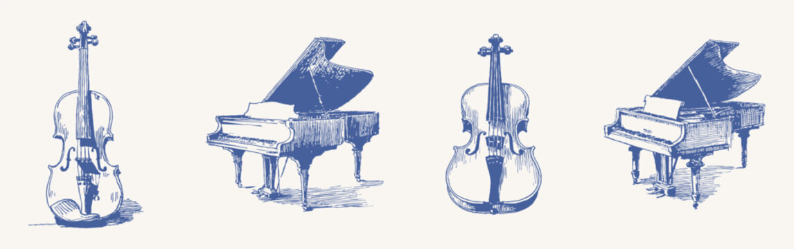 Blue vintage violin and grand piano sketch collection. Illustrations for music invitations and restaurant decor, in crayon drawn pencil style with fine textured lines and soft crosshatching.