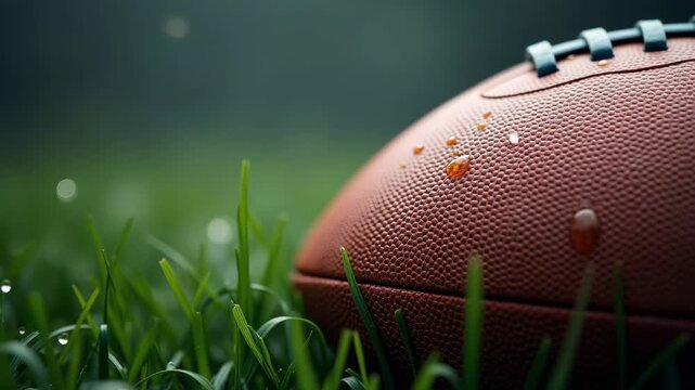 Football grass water droplet closeup texture wet football closeup grass with water droplet detail and sharp texture mood 

