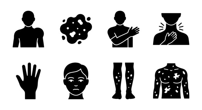 Dermatology skin disease icons, 8 solid black vector elements, medical rash and allergy symptoms, eczema and psoriasis infographic symbols