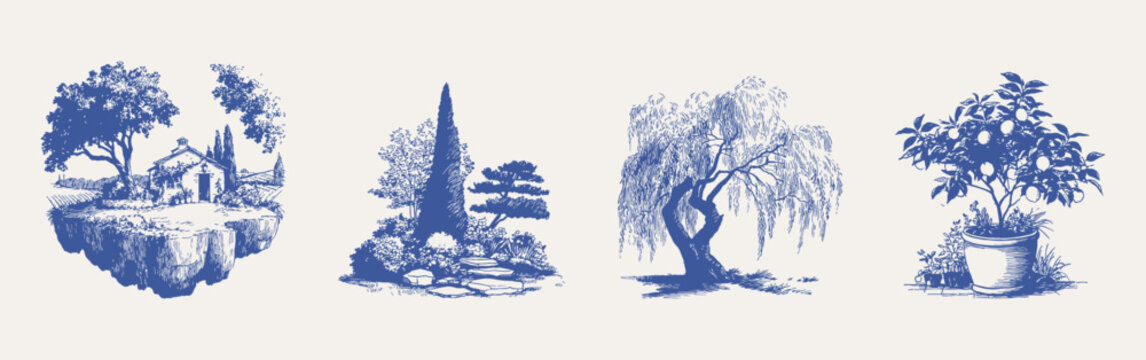 Italian house, cypress trees, willow and citrus blue sketches. Illustrations for wallpaper and textile design, rendered in hand drawn pencil style with fine textured lines and soft tonal shading.