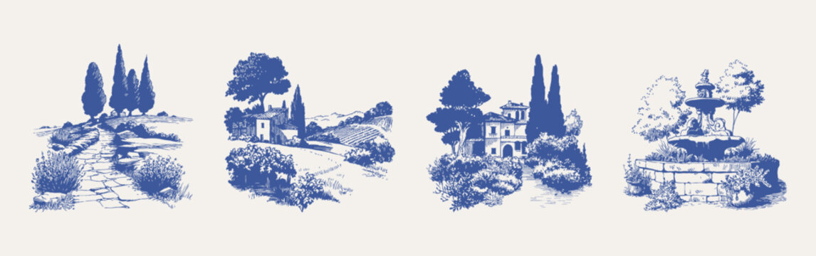 Italian rural house and fountain landscape blue sketches. Illustrations for wallpaper and textile patterns, drawn in hand pencil style with refined textured lines and soft tonal shading.