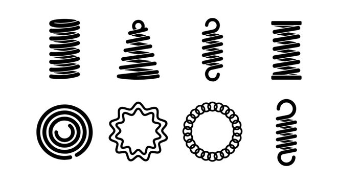 Industrial metal spring icons set, black steel coil vector illustrations, mechanical spiral and tension hardware elements for engineering design