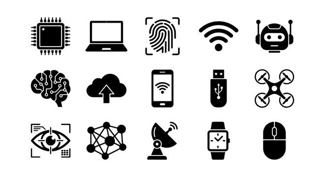 Modern technology icons set, 15 black solid vector symbols for artificial intelligence and digital hardware, futuristic tech UI elements for web design
