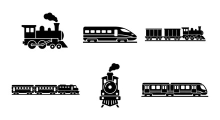 Vintage steam locomotive and modern high-speed train icons, set of 6 railway transport vector silhouettes, black railroad engine and subway symbols © Jebun