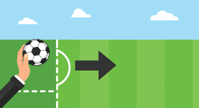 Illustration of soccer ball being placed by hand at corner kick position on green grass field with black arrow indicating direction of play on turf.