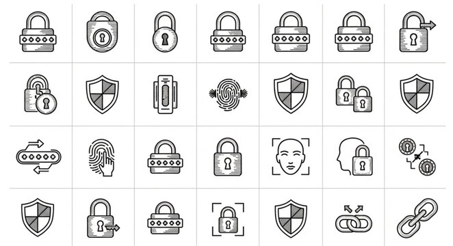 Collection of security icons including locks and shields.