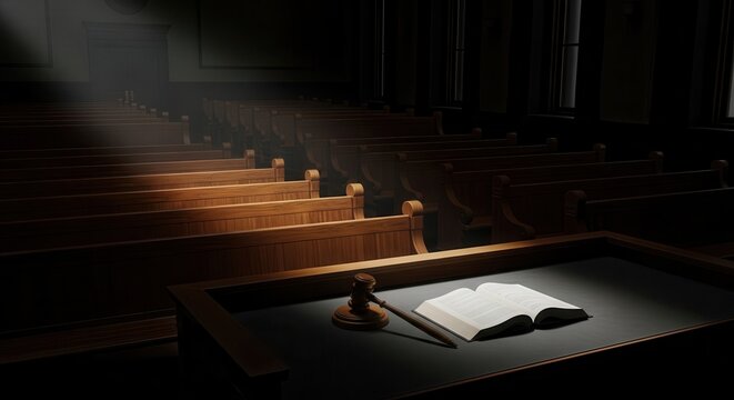 Wooden gavel and an open book rest on a desk inside a dimly lit courtroom.