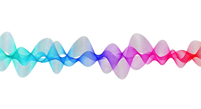 Colorful abstract audio waveform featuring gradient colors blue and red representing sound frequency music visualization and digital signal processing on a clean minimalist white background