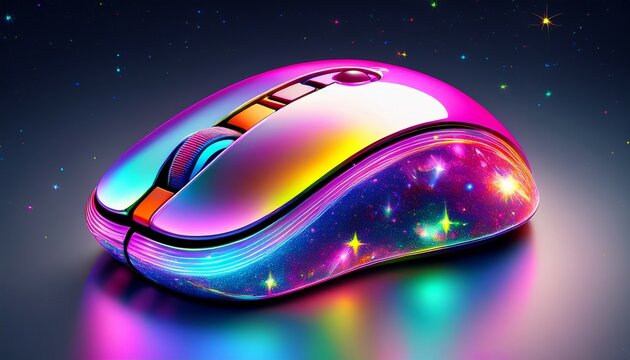ergonomic wireless computer mouse with vibrant galaxy themed design rainbow gradient glowing stars planets glossy iridescent surface pink scroll wheel 3d octane render futuristic whimsical sty