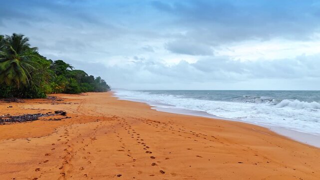 Walking by the sandy beach with multiple footsteps on. Large foamy waves splash on the shore. Lush greenery grows on the coast.