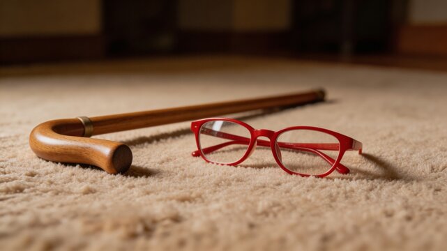 A serene and intimate scene featuring a pair of red glasses and a wooden cane resting on a beige carpet, evoking a sense of quiet contemplation and care.