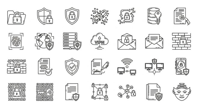 Collection of Cybersecurity Icons Representing Digital Security and Data Protection.