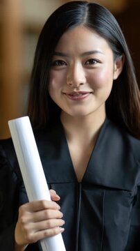 Young asian graduate holding rolled diploma smiling at camera
