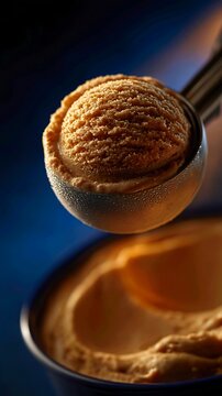 Scoop of creamy amaretto liqueur ice cream in a metal scooper