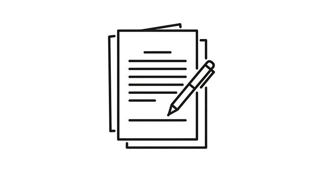 Minimalist black line drawing of a pen writing on a stack of document pages representing signature, contract agreement, office paperwork, or personal note taking on white background, hand drawn