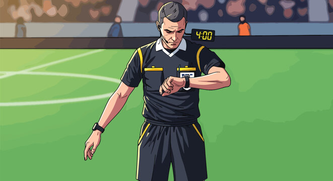 Professional soccer referee checking wristwatch for extra time during football match vector illustration showing official timekeeping on green field.