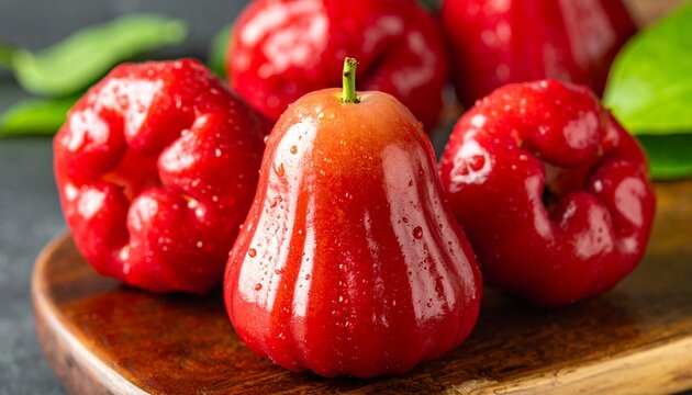 Fresh red wax apples with water droplets on a wooden board