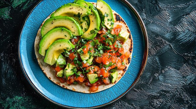 Vibrant Spicy Ceviche Tostada with Fresh Avocado, Cilantro, and Tomato Salsa on Blue Plate
