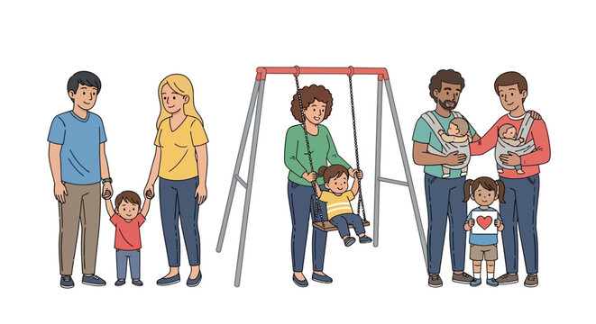Diverse family members with kids playing outside.