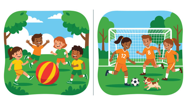 Children playing soccer game on green grass field with trees and goal.