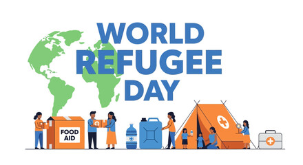 Naklejka premium World Refugee Day global aid illustration with a diverse group of people and relief supplies next to a globe, Isolated white background.
