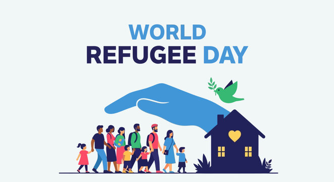 World Refugee Day illustration showing a large hand protecting a group of refugees finding shelter in a home, In bright studio.