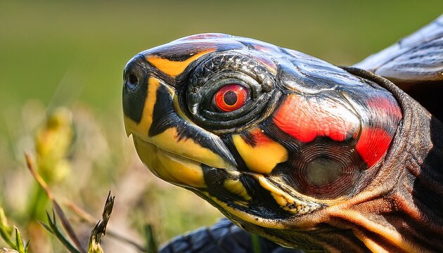 close up of a turtle s face showcasing its shell pattern and red eye with a blurred field background
