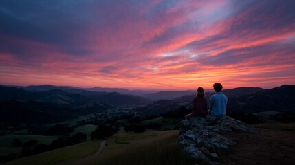 Fototapeta premium A couple sits on a rocky outcrop, gazing at a breathtaking sunset with vivid pink and orange hues over rolling hills.