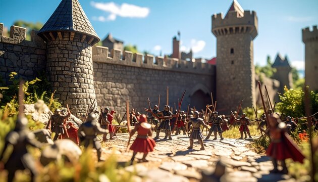 Miniature plastic medieval knights and archers figures positioned in front of a stone fortress castle wall, depicting a simulated historical battle scene with detailed toy soldiers.
