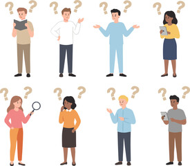 Obraz premium Cartoon vector illustration of diverse people with question marks representing curiosity, confusion, problem‑solving, and inquiry