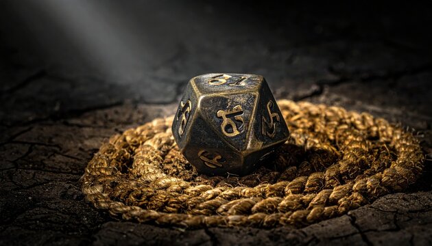 An ornate and weathered metal polyhedral die resting on a rustic coiled rope, evoking a sense of ancient mystery and tabletop gaming adventure in a dim and moody environment.