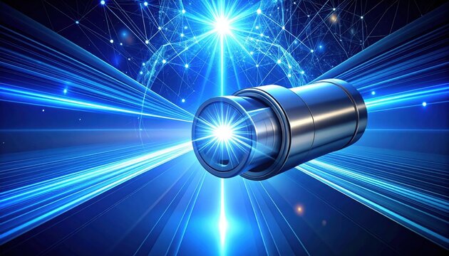 A metallic quantum entanglement transceiver emitting glowing directional beams of light within a complex digital network environment, representing advanced scientific technological progress.