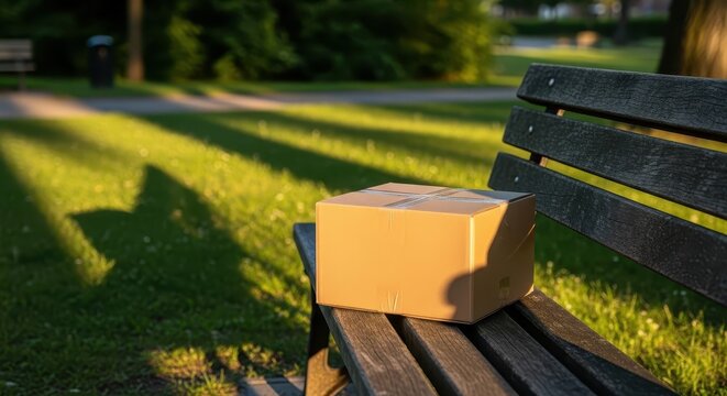Cardboard box rests on a wooden park bench during a sunny afternoon.