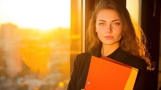 Woman holds red folder before window female holds red folder stands before large window
