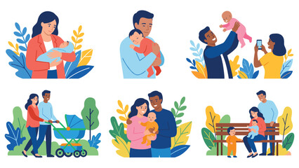 Fototapeta premium Parents with babies and children in various family activities outdoors and indoors.