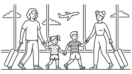 Obraz premium Family walking with luggage in airport terminal, ready for their vacation travel adventure.
