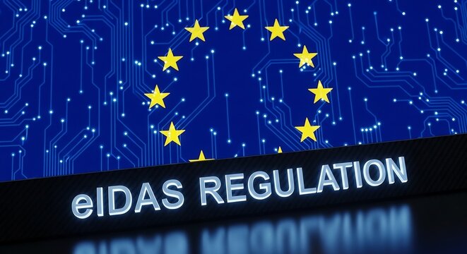 EU Flag with eIDAS Regulation Digital Circuit, Electronic Identification, Cybersecurity Governance Framework