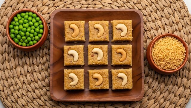 Traditional Indian dessert barfi with cashew and green peas
