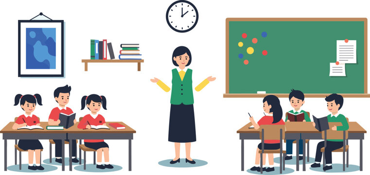 Classroom Educational Vector Illustration Set - Teacher and Students in Classroom Learning Environment