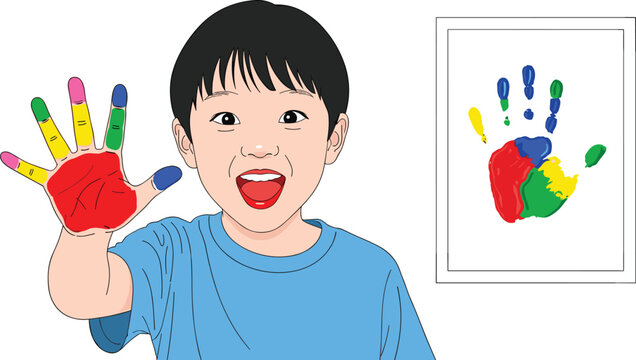 Happy Child with Colorful Handprint Art - Kid Enjoying Finger Painting Activity