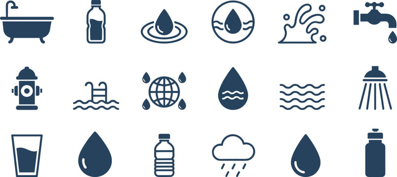 Vector illustration of water icons including droplets, bottles, faucet, shower, rain, conservation, and global usage symbols