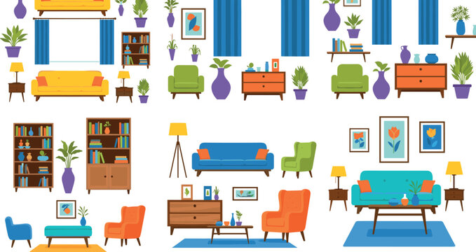 Living room interior collection with furniture decor elements sofas armchairs shelves and plants isolated on light background vector illustration set