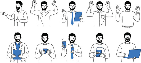 Fototapeta premium Businessman in Various Poses with Different Accessories for Professional Lifestyle Concept Vector Illustration