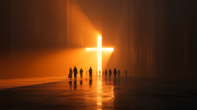 A group of people walk towards a huge, bright, cross-shaped passage, their silhouettes standing out against the blindingly bright light.