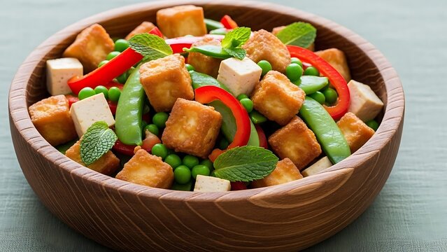 Delicious tofu stir-fry with vegetables in a wooden bowl