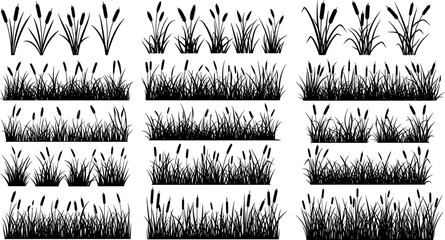 Silhouette grass and cattail reeds collection with marsh plants borders isolated on light background nature vector illustration set © EdGe Creative
