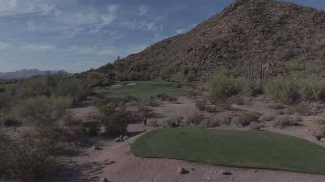 An aerial view of a desert golf course in the American southwest.