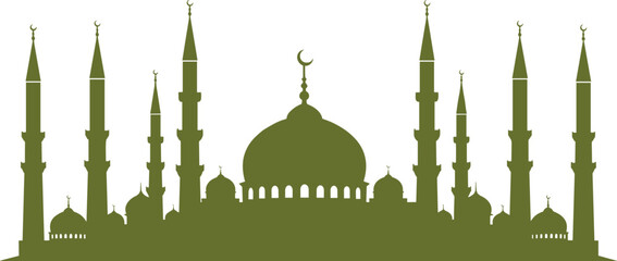 Detailed Green Silhouette of a Grand Islamic Mosque Featuring Multiple Minarets and a Central Dome with Crescent Moon FinialsDetailed Green Silhouette of a Grand Islamic Mosque Featuring Multiple Mina © Sonjoy
